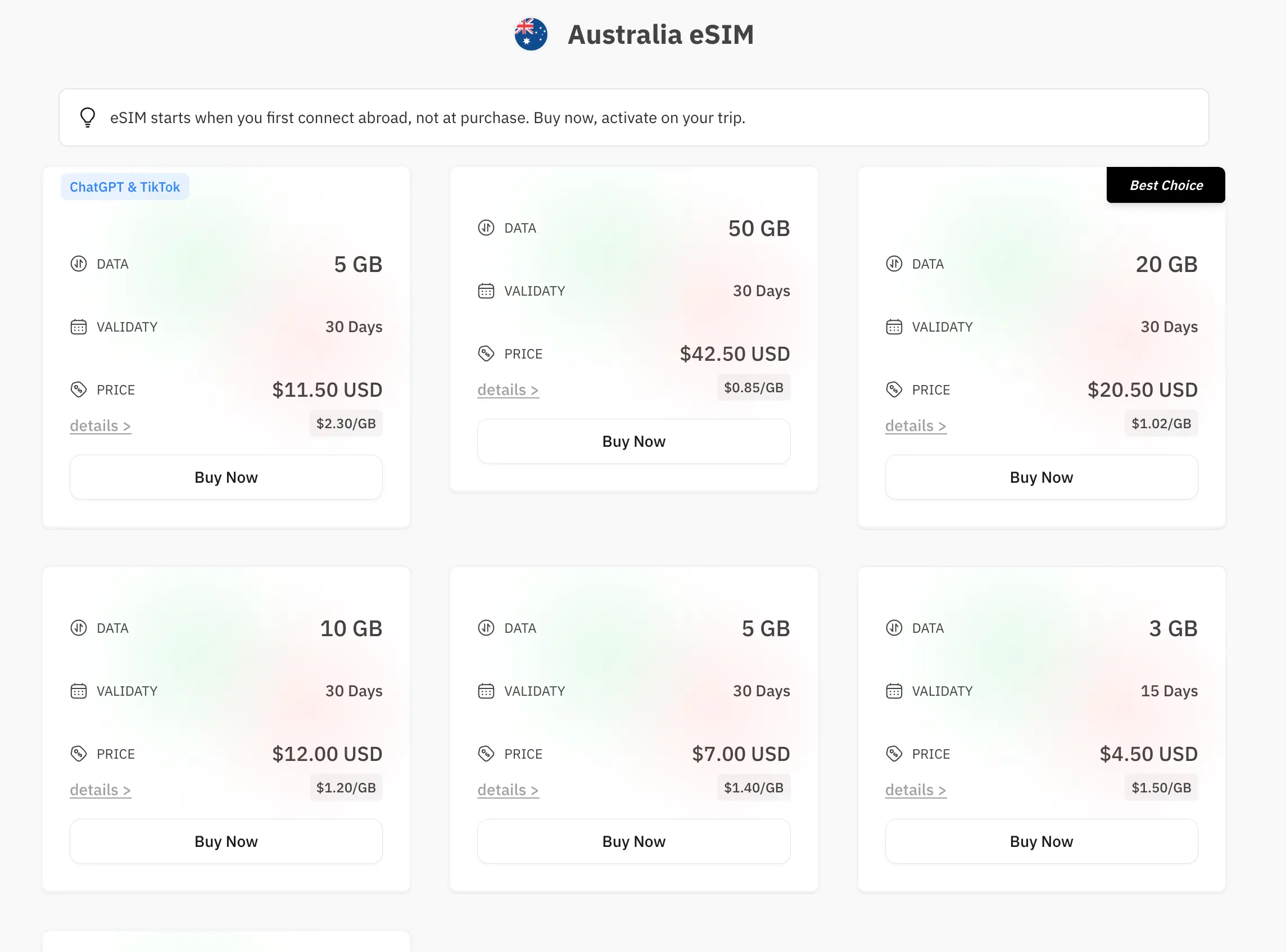 esimnb australia esim product price