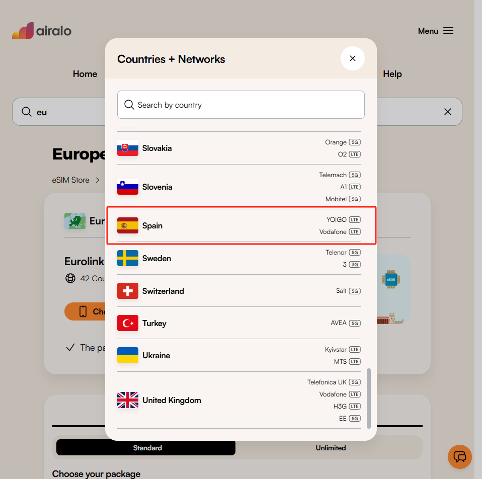 airalo europe esim carriers list