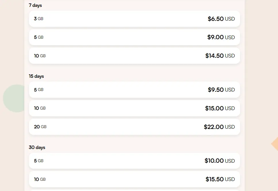 Airalo turkey esim price list page