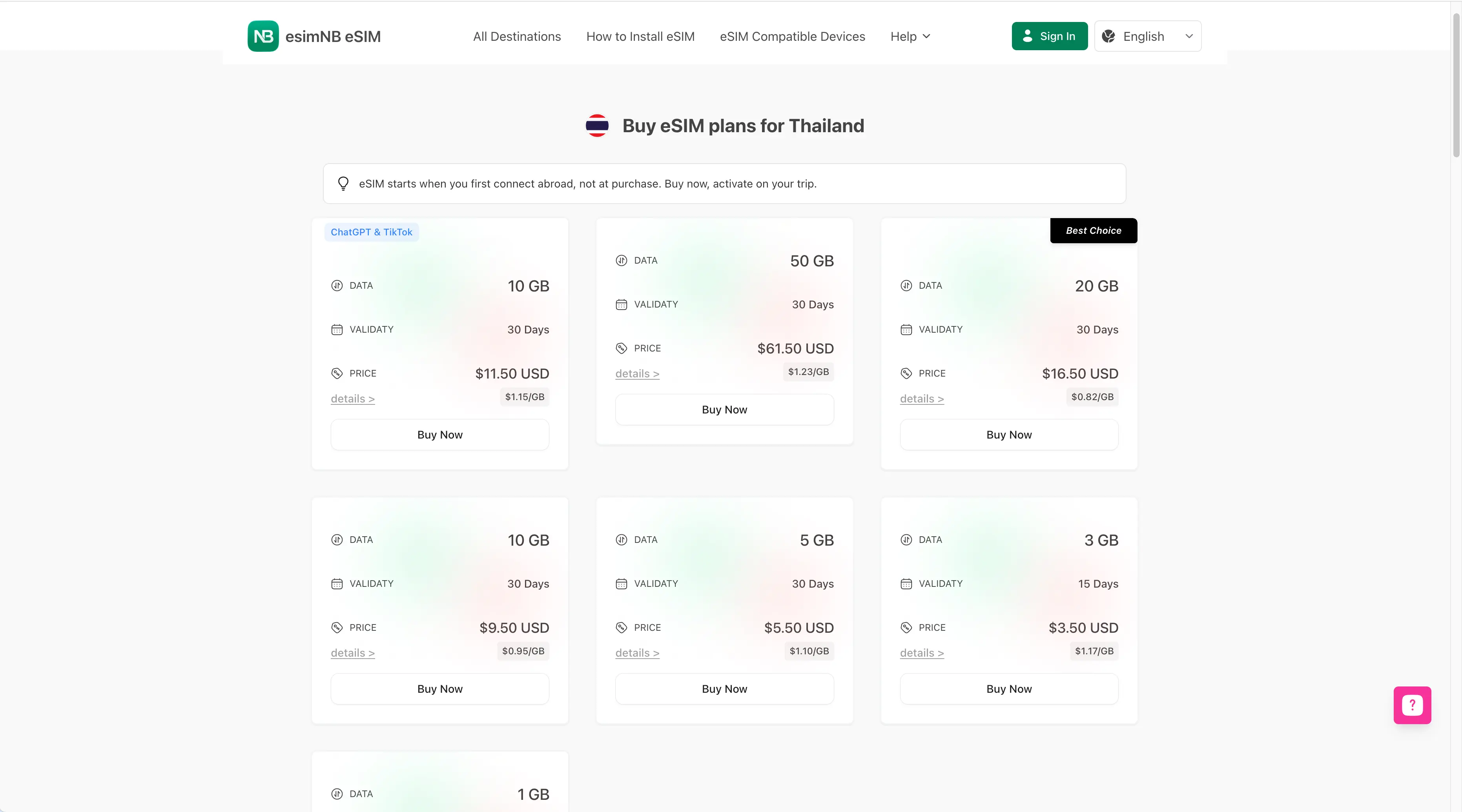 esimNB Thailand eSIM price list