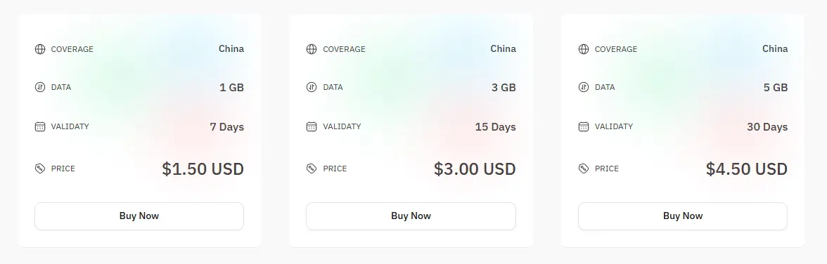 esimnb china esim data price list