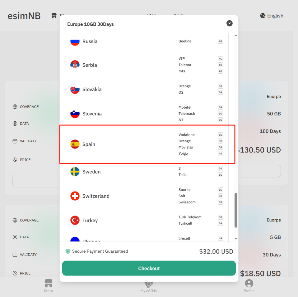 esimnb europe esim carriers list