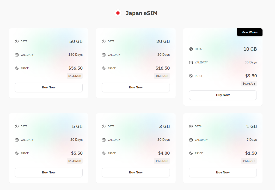 esimNB product page for Japan travel eSIM