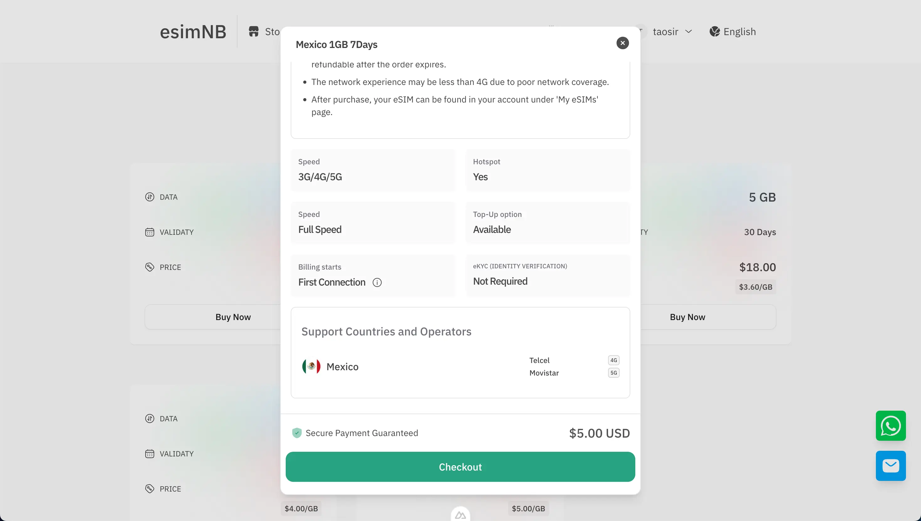 esimNB Mexico eSIM product page