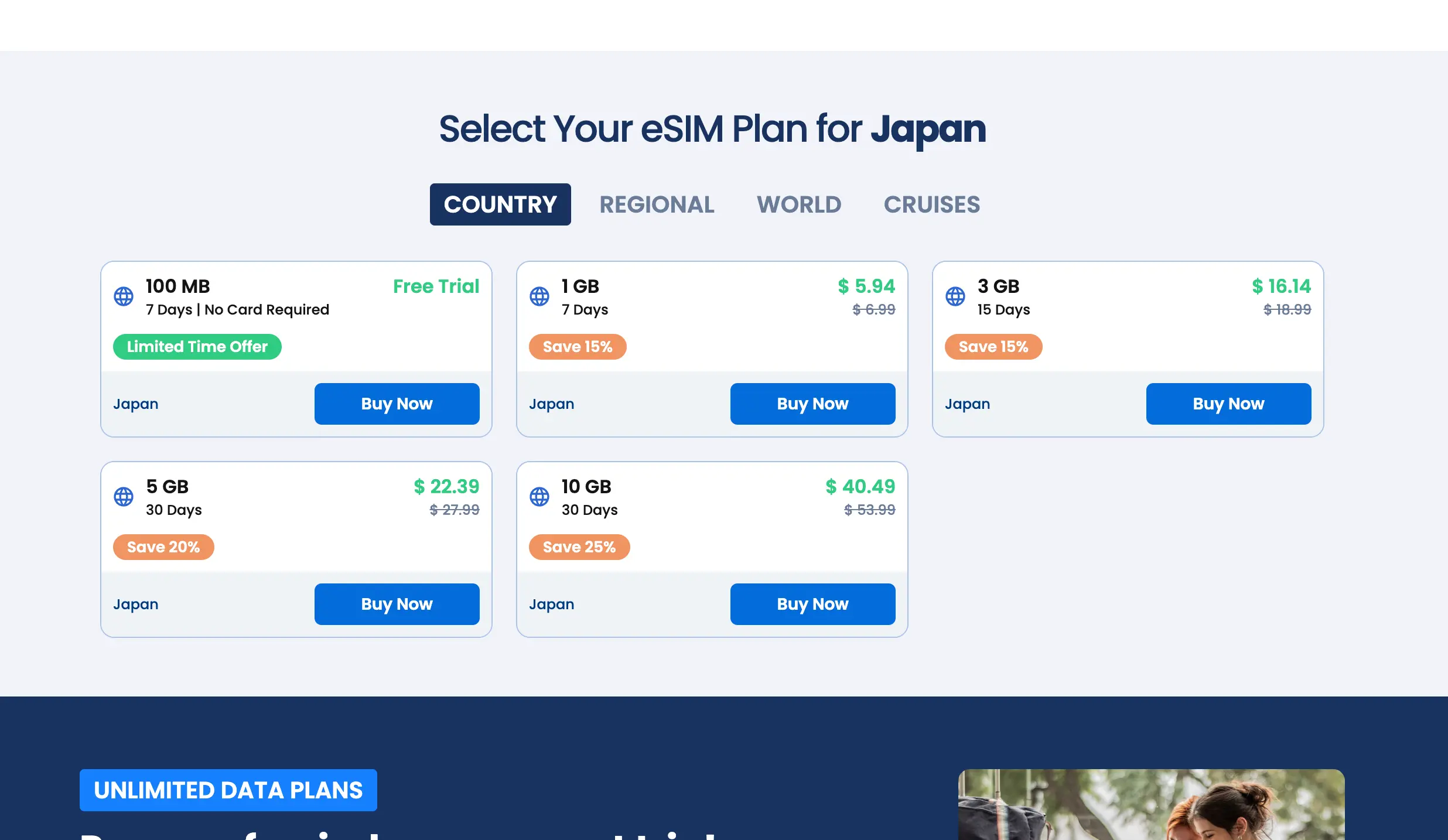 gigsky product page for Japan travel eSIM