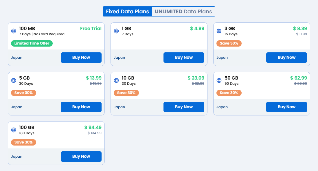 gigsky product page for Japan travel eSIM