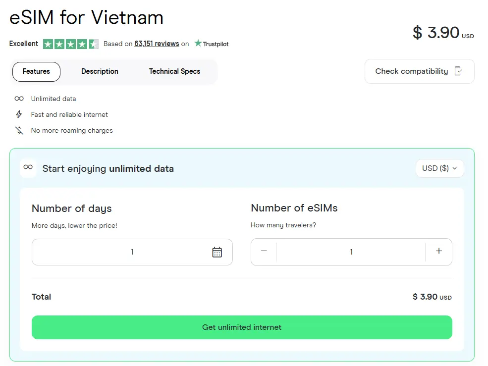 holafly vietnam esim data price list