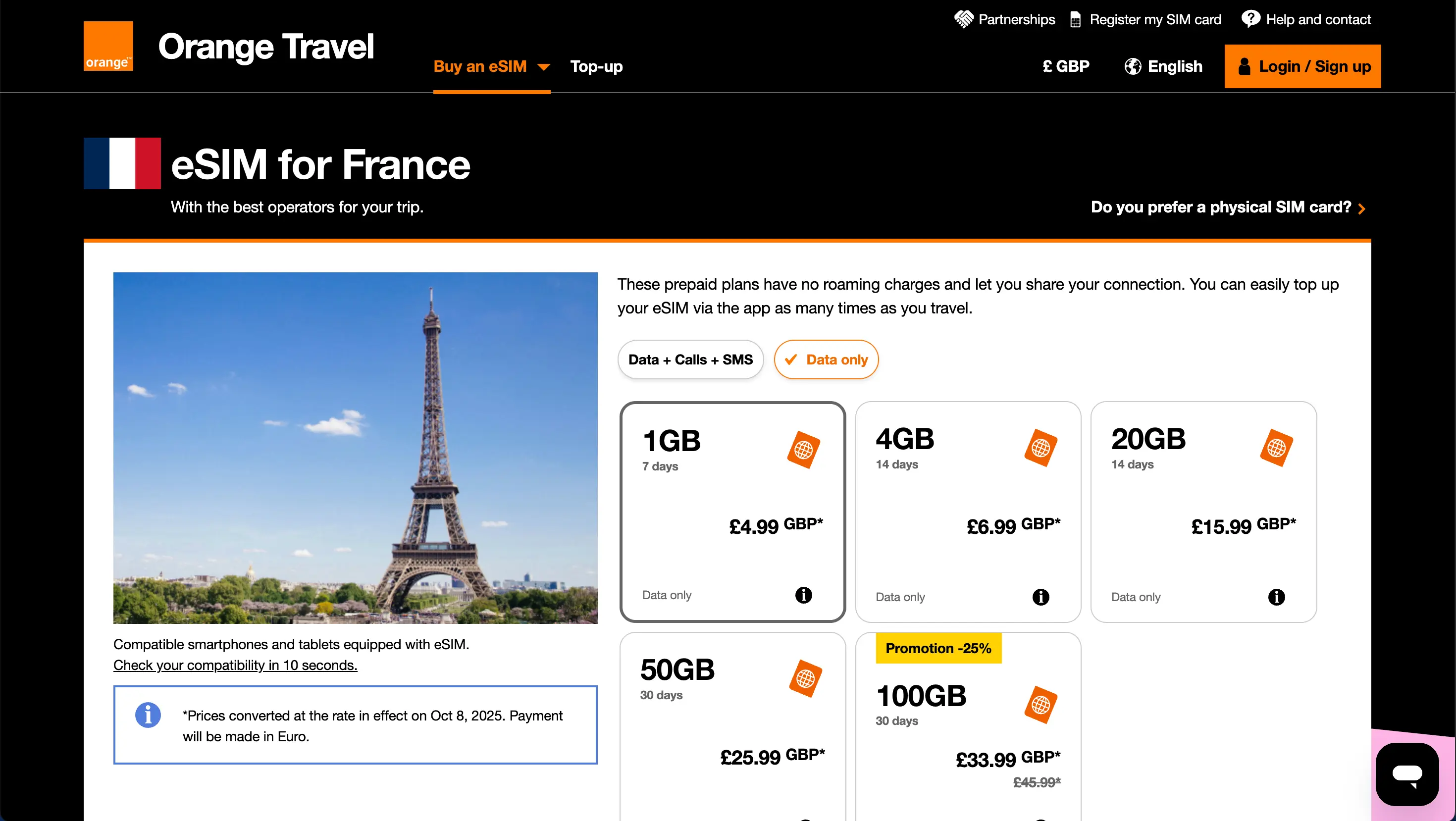 orange france esim product page