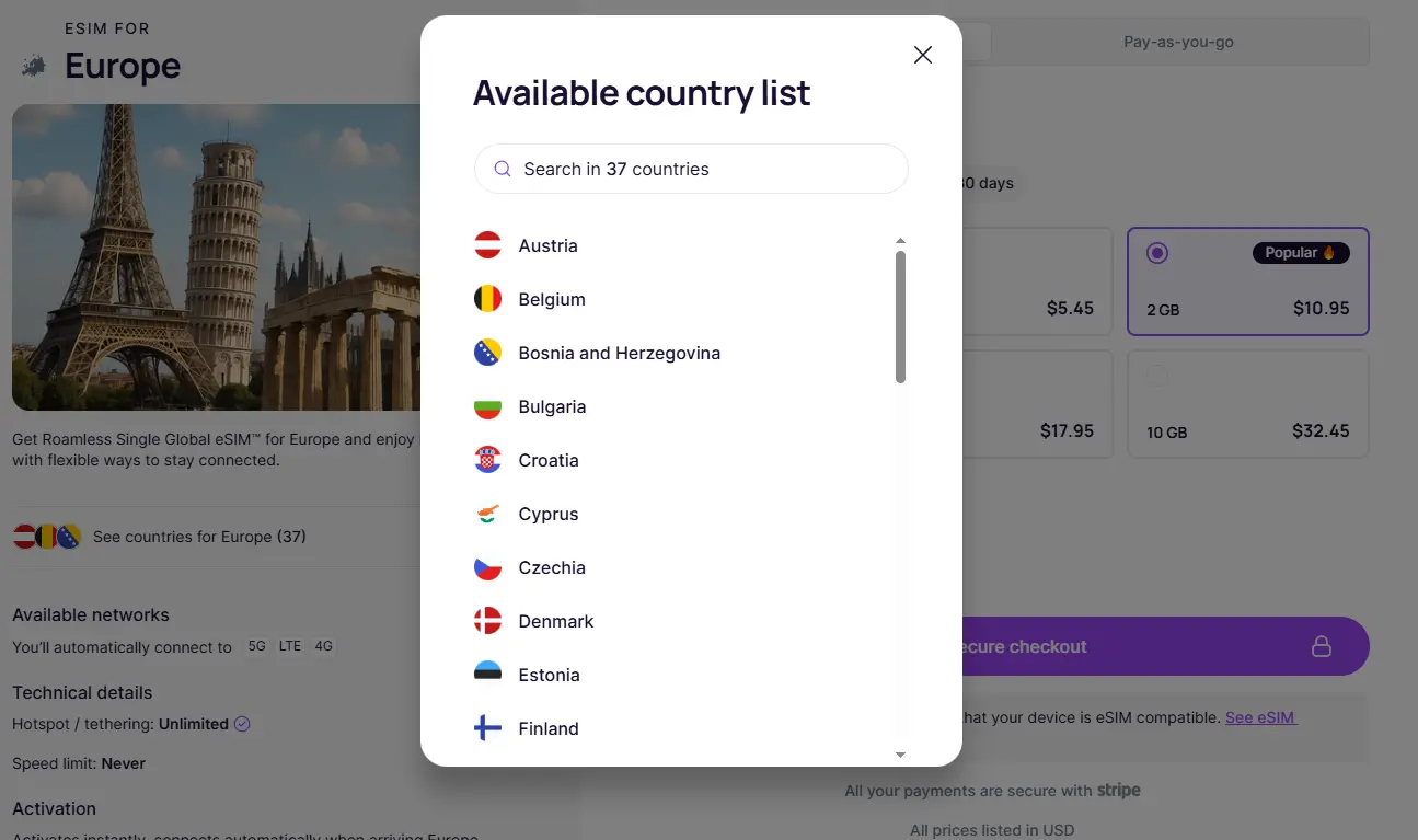 roamless Europe eSIM carrier list