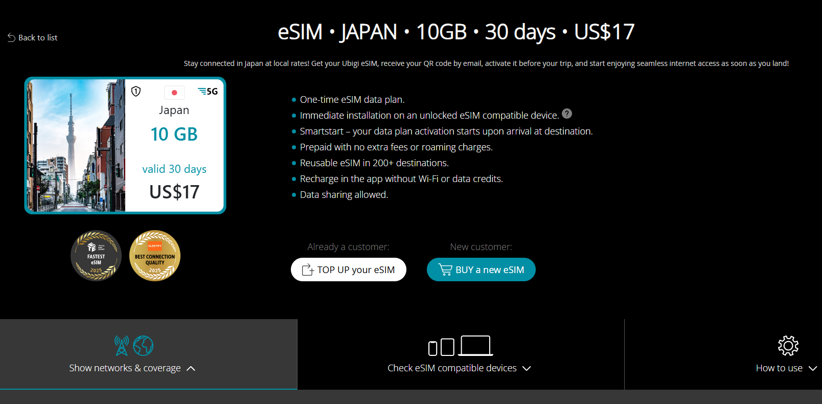 ubigi product page for Japan travel eSIM