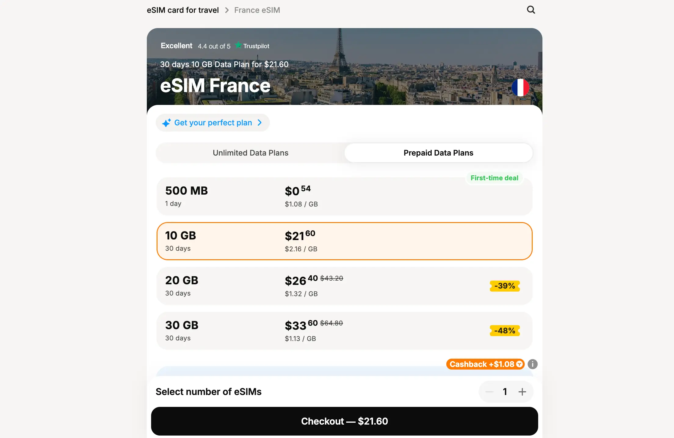 yesim france esim product page